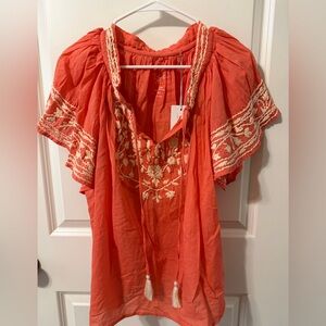 Kiora Coral Blouse with Cream Embroidery All Hand Stitched